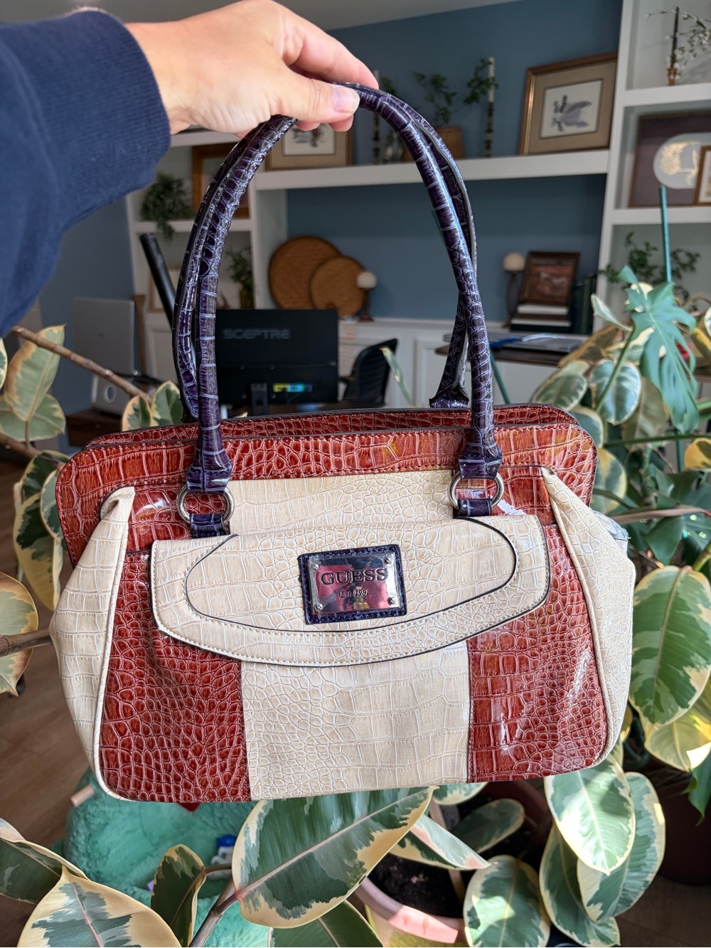 GUESS Croc Embossed Satchel Cream Brown Purple Patent Shoulder Handbag - Picture 2 of 12